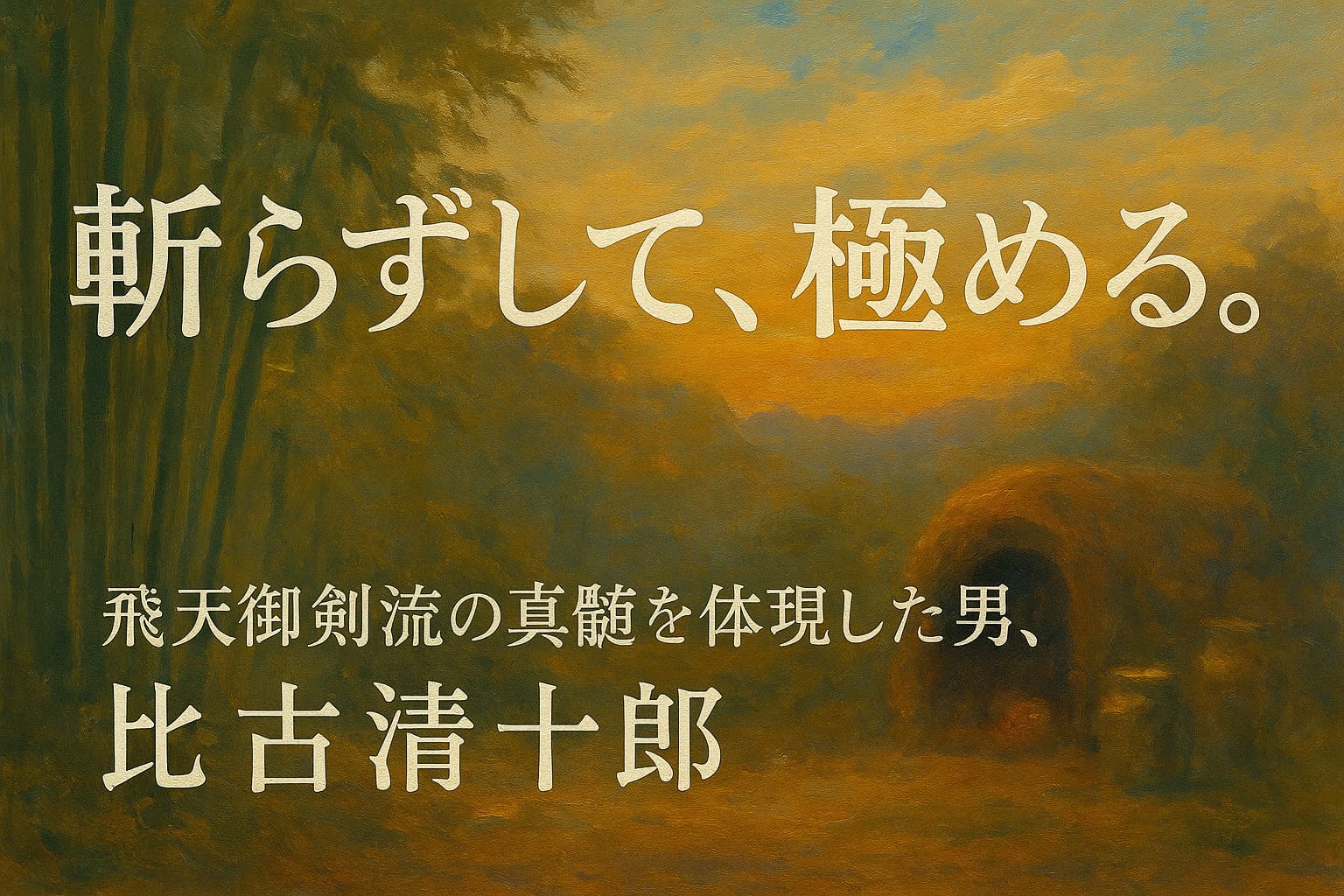 油絵調で描かれた竹林と山里の情景。 「斬らずして、極める。飛天御剣流の真髄を体現した男、比古清十郎。」というコピーが静寂の中に映えるアイキャッチイラスト。