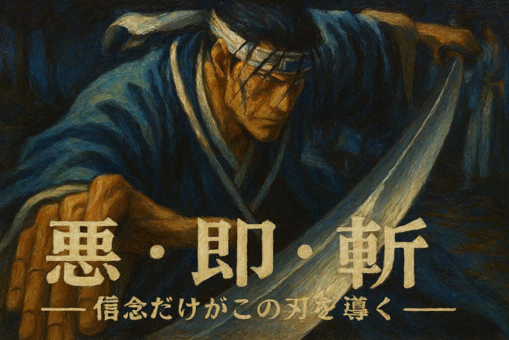 油絵調で描かれた斎藤一が夜の闇の中で刀を構える姿。キャッチコピー「悪・即・斬 ―― 信念だけがこの刃を導く」が力強く描かれている。