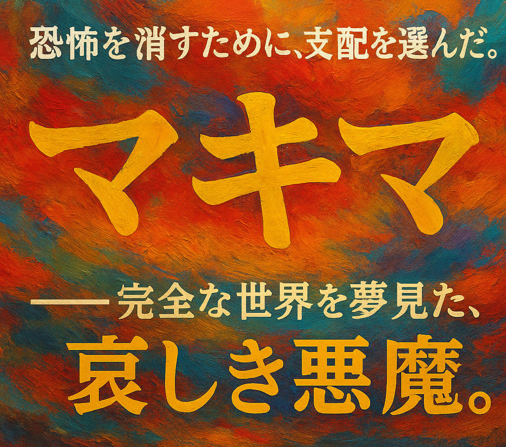 油絵調で描かれた横長のテキストビジュアル。 コピー「恐怖を消すために、支配を選んだ。マキマ ――完全な世界を夢見た、哀しき悪魔。」を中央に配置し、深紅と金の光が交差する幻想的なデザイン。